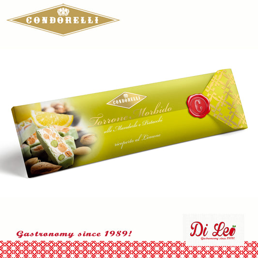Condorelli Almond and Pistachio Nougat Covered with Lemon flavoured Chocolate 150g Bar